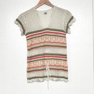 Vintage knit v-neck crop sleeve sweater bow tie open knit pastel stripe size Sm